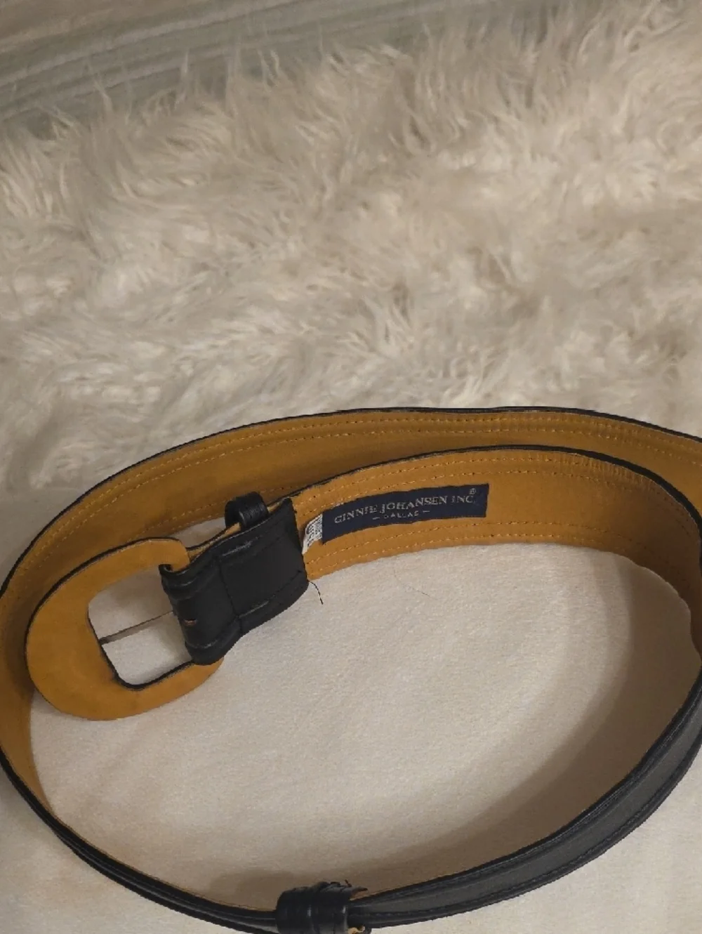 Ginnie Johansen Vintage Black Leather Belt with Tan Interior and Rounded Buckle